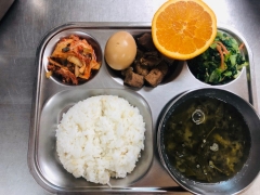 찰현미밥
얼갈이된장국
솎음열무된장무침
돈육장조림
김치
과일