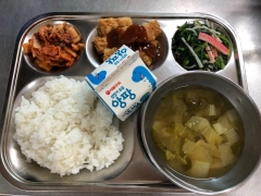 백미밥
얼갈이된장국
돈가스/소스
쑥갓맛살무침
김치
우유