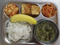 발아현미밥
들깨미역국
두부구이/양념장
진미채조림
깍두기
과일