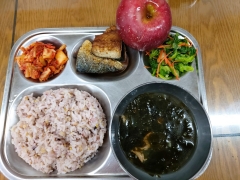 잡곡밥
소고기미역국
고등어구이
청경채나물
김치
사과