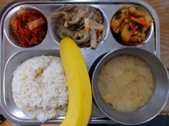 찰현미밥
단배추된장국
모듬잡채
오이무침
김치
바나나