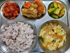 잡곡밥
달걀국
탕수육/소스
호박나물
김치
