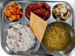 15곡잡곡밥
맑은콩나물국
비엔나양파볶음
새송이버섯나물
깍두기
치즈