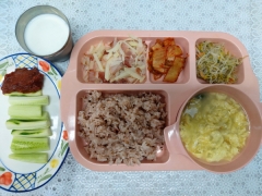 찰수수밥
달걀국
베이컨감자채볶음
숙주나물
김치
오이스틱/쌈장(자율)
우유