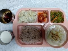 찰수수밥(소량)
콩물국수
만두/초간장
미역줄기볶음
김치
우유