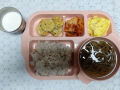 15곡잡곡밥(소량)
메밀국수
해물완자구이
찐감자달걀샐러드
김치
우유