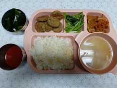 단호박카로틴라이스밥
어묵국
동그랑땡구이
열무된장무침
김치
다시마/초장(자율)