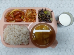 15곡잡곡밥
순두부찌게
비엔나양파볶음
고사리나물
김치
우유