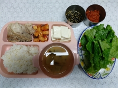 보리쌀밥
무맑은국
수육(한돈)
두부/양념장
깍두기
상추(자율)/쌈장(자율)