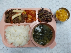 찰현미밥
들깨미역국
허니간장떡불고기
고사리나물
김치
씨리얼/우유