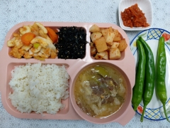 친환경차조밥
차돌박이된장찌개
오징어채소볶음
김자반볶음
깍두기
고추/쌈장(자율)